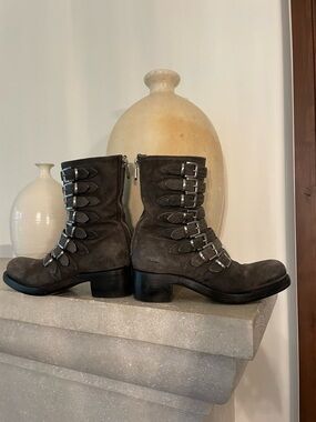 Rocco P. Gray Distressed Suede Combat Boots with Buckle Straps